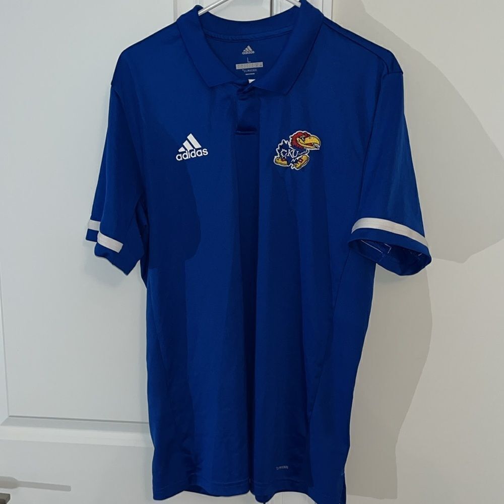 Blue KU Adidas university of Kansas Jayhawks Climacool  poly golf polo shirts L